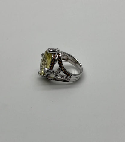 Oval Light Yellow Lemon Quartz Sapphire Prong Halo Diamonds 18K White Gold Ring
