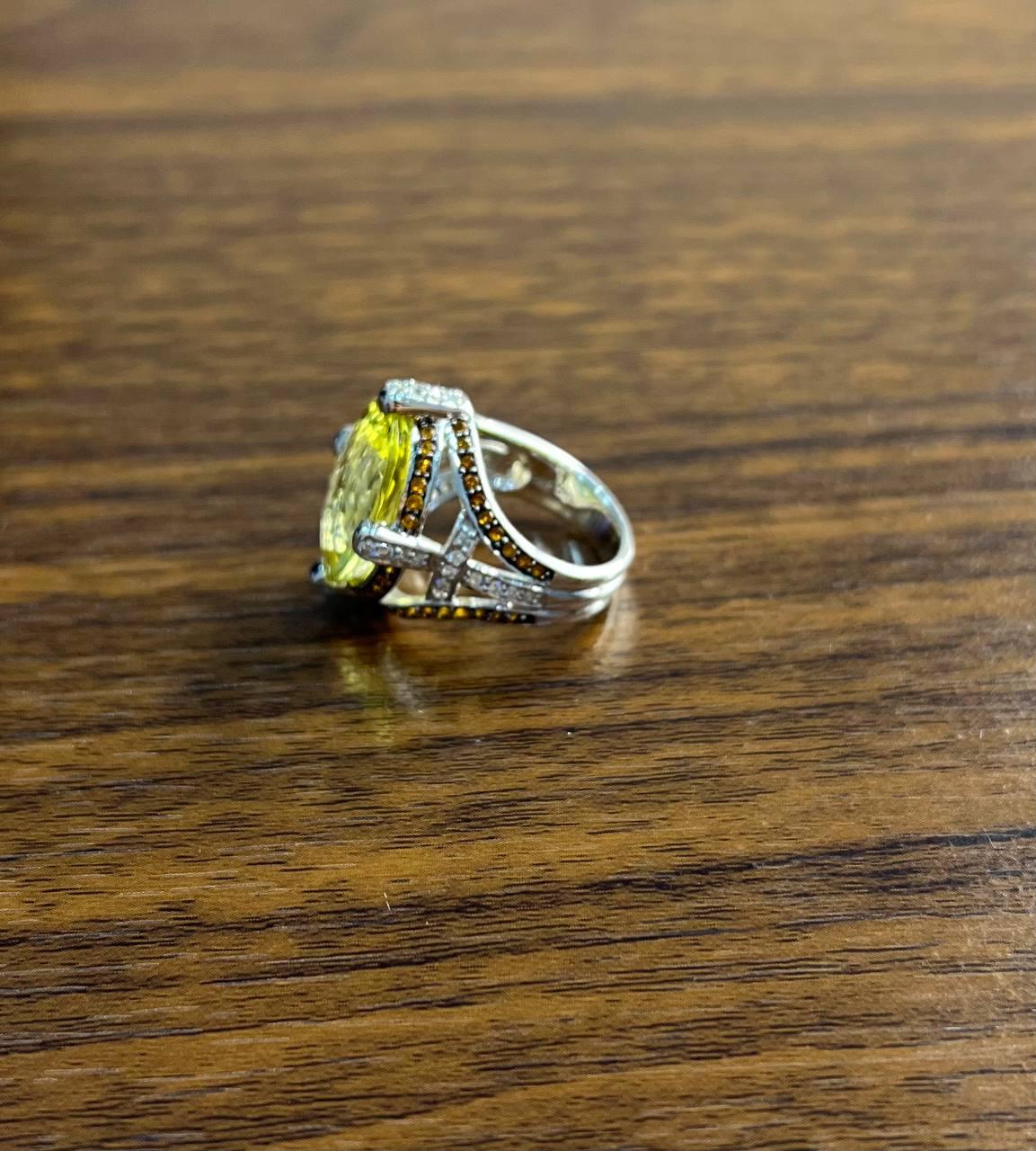 Oval Light Yellow Lemon Quartz Sapphire Prong Halo Diamonds 18K White Gold Ring