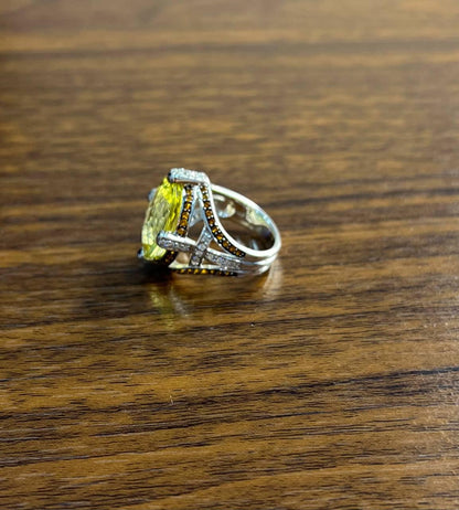 Oval Light Yellow Lemon Quartz Sapphire Prong Halo Diamonds 18K White Gold Ring