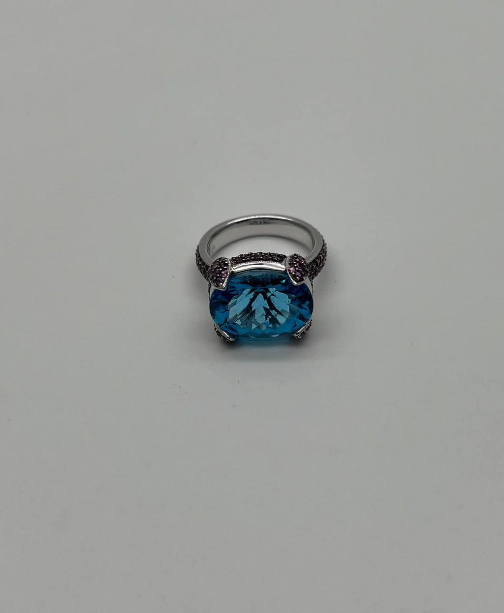 Oval Shape Blue Topaz Pavé Set Pink Sapphires 14K White Gold Band Cocktail Ring