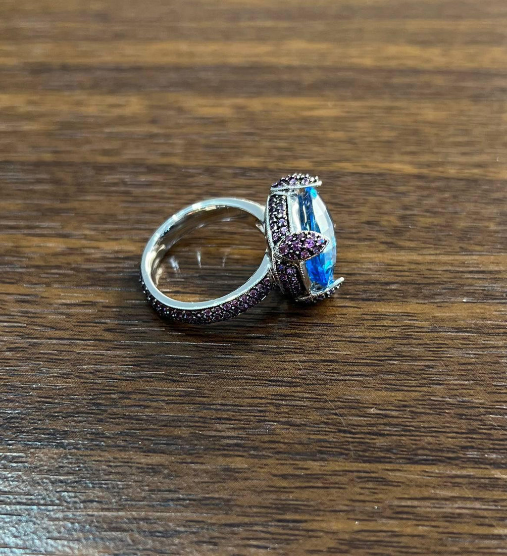 Oval Shape Blue Topaz Pavé Set Pink Sapphires 14K White Gold Band Cocktail Ring