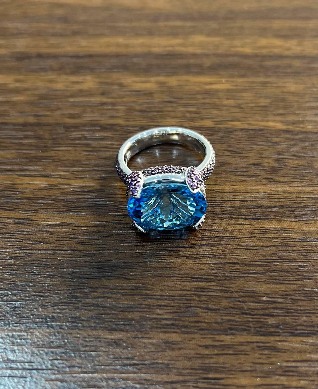 Oval Shape Blue Topaz Pavé Set Pink Sapphires 14K White Gold Band Cocktail Ring