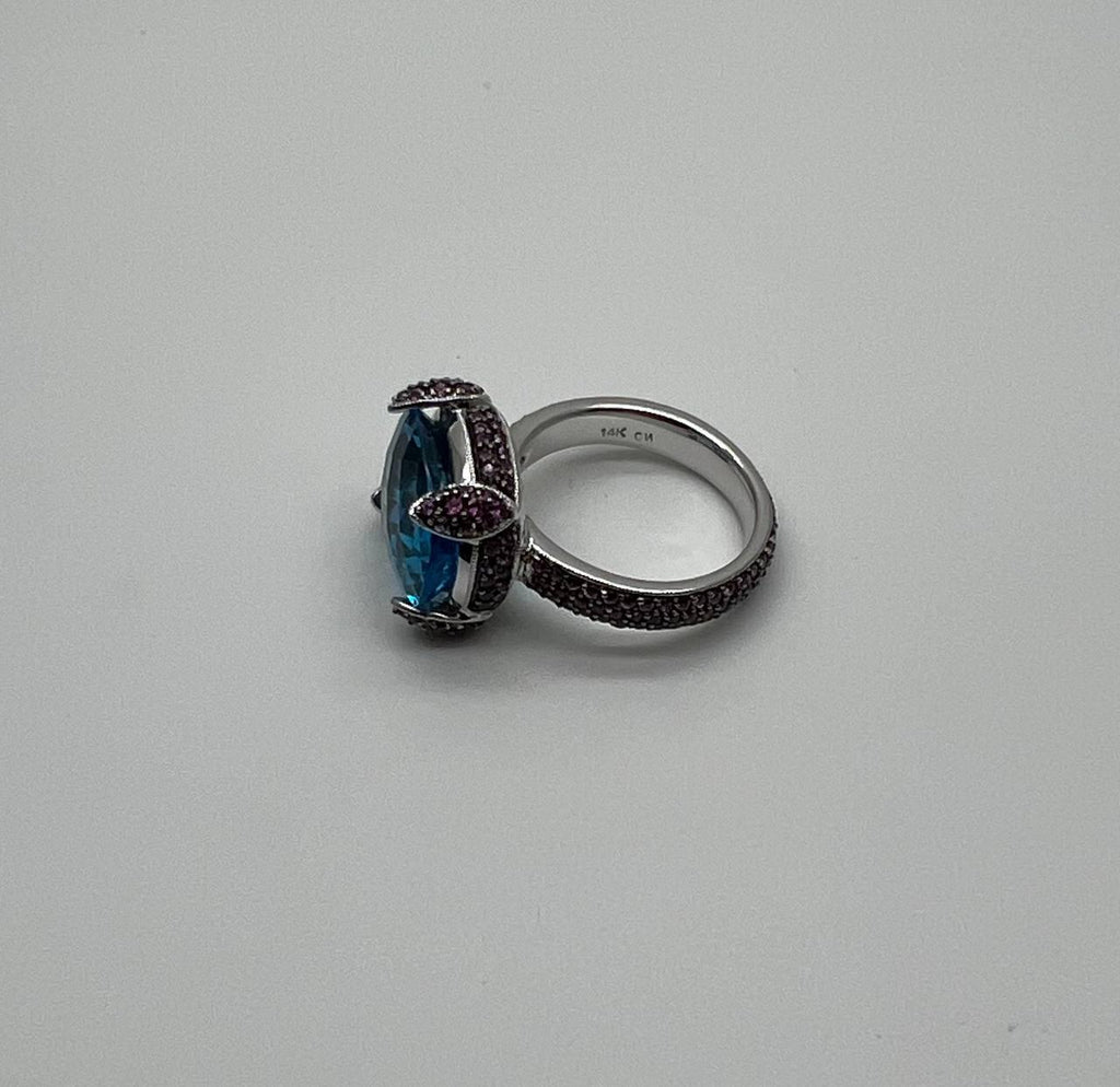 Oval Shape Blue Topaz Pavé Set Pink Sapphires 14K White Gold Band Cocktail Ring