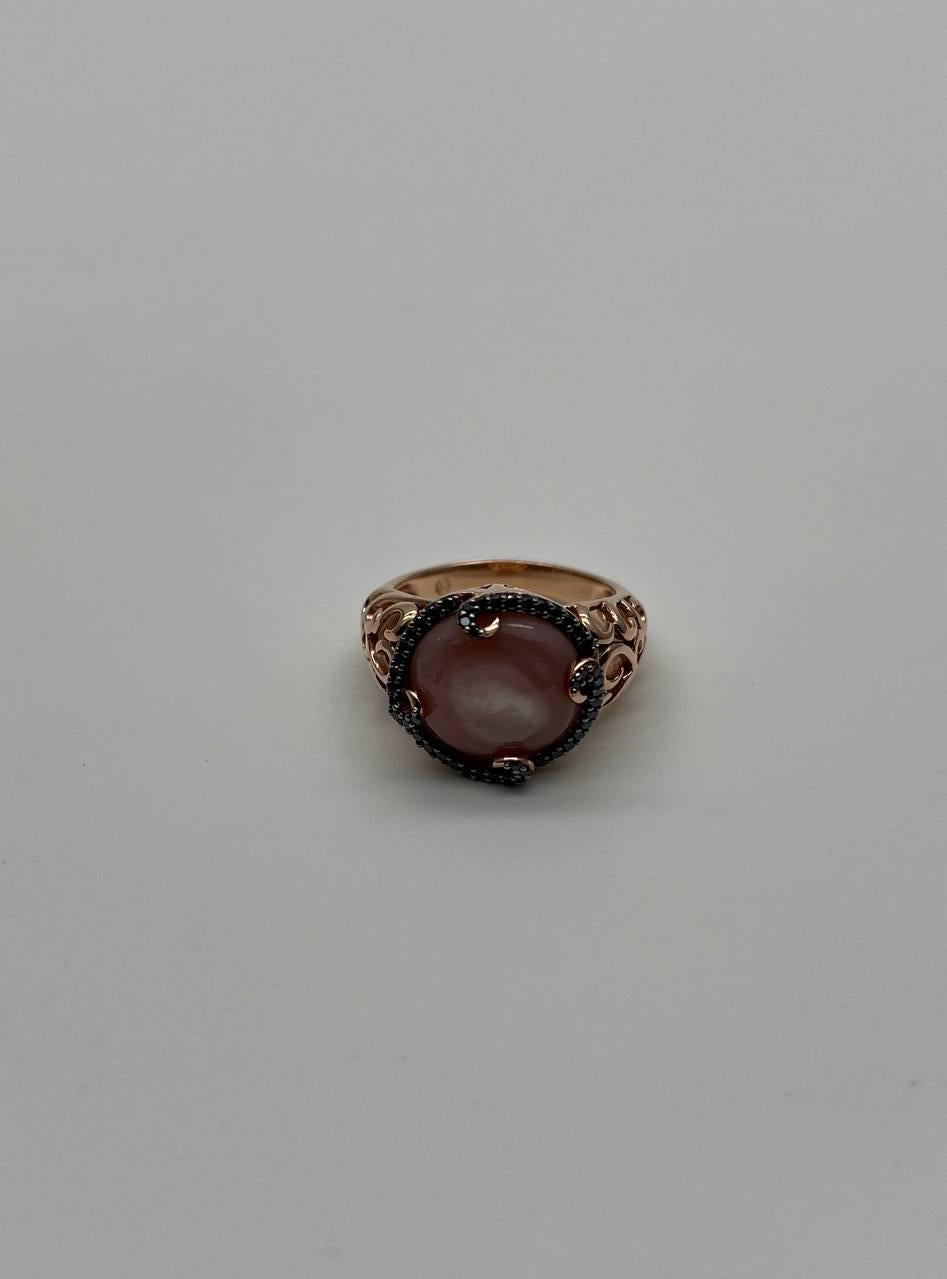 Pink Translucent Mother of Pearl Black Diamonds Halo 14K Rose Gold Cocktail Ring