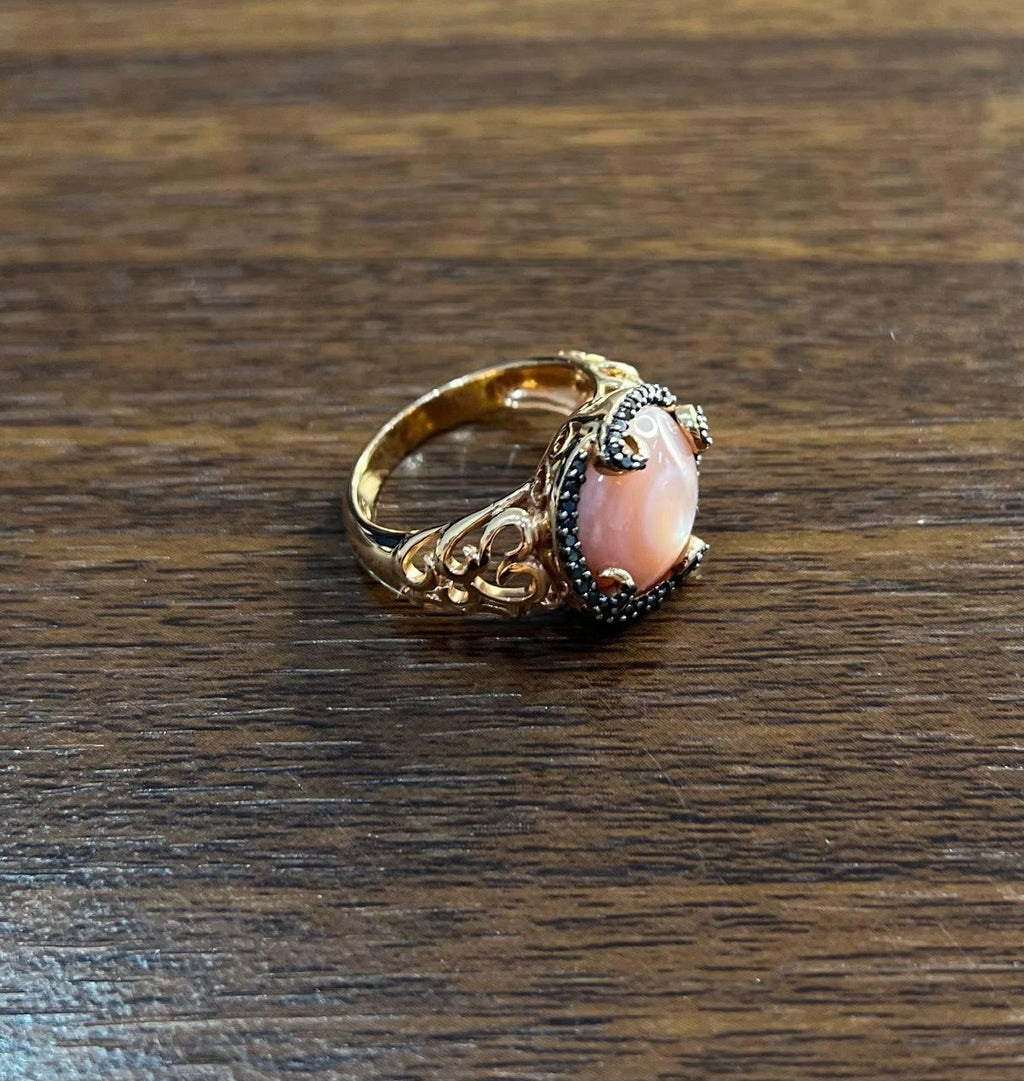 Pink Translucent Mother of Pearl Black Diamonds Halo 14K Rose Gold Cocktail Ring