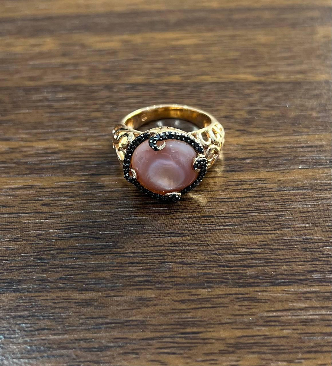 Pink Translucent Mother of Pearl Black Diamonds Halo 14K Rose Gold Cocktail Ring
