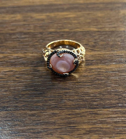 Pink Translucent Mother of Pearl Black Diamonds Halo 14K Rose Gold Cocktail Ring