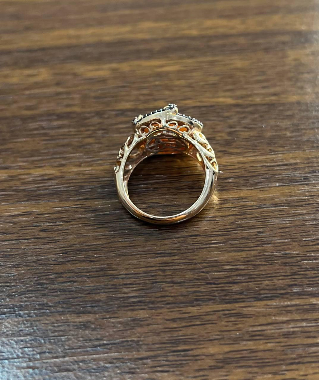 Pink Translucent Mother of Pearl Black Diamonds Halo 14K Rose Gold Cocktail Ring