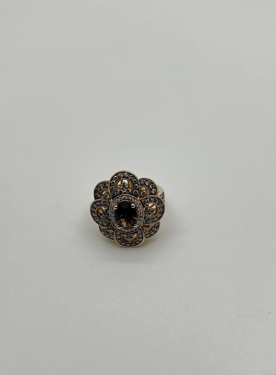 Smoky Brown Quartz Champagne White Diamonds Halo 14K Yellow Gold Statement Ring