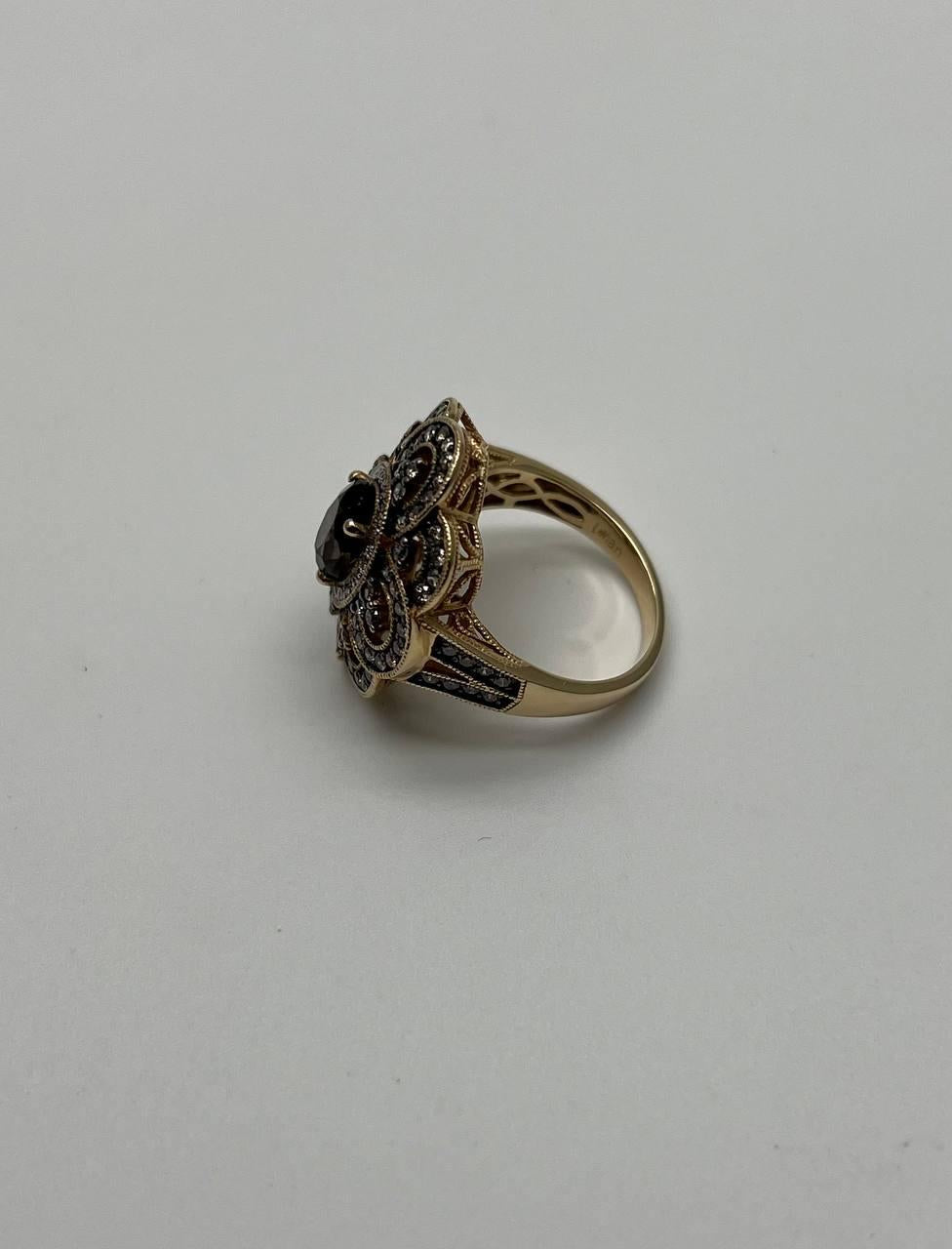 Smoky Brown Quartz Champagne White Diamonds Halo 14K Yellow Gold Statement Ring
