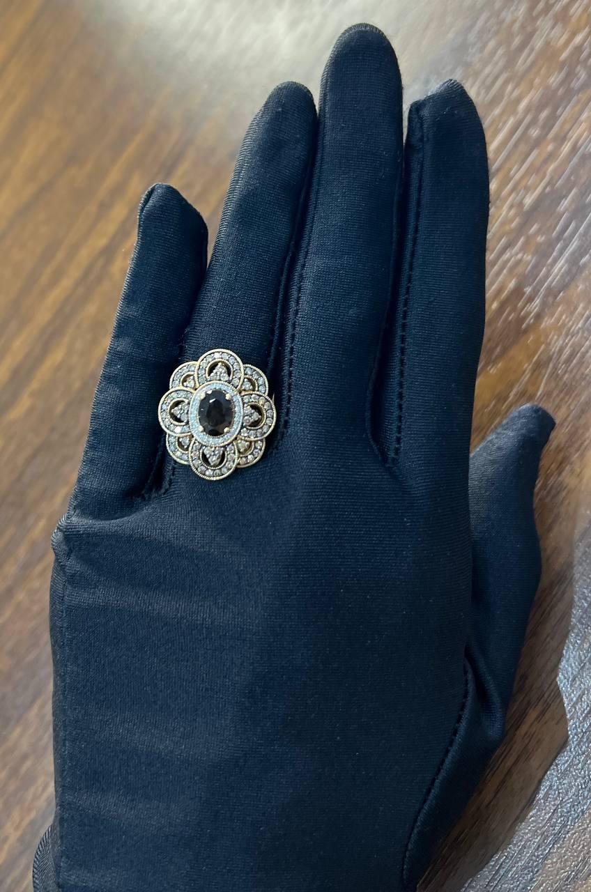 Smoky Brown Quartz Champagne White Diamonds Halo 14K Yellow Gold Statement Ring
