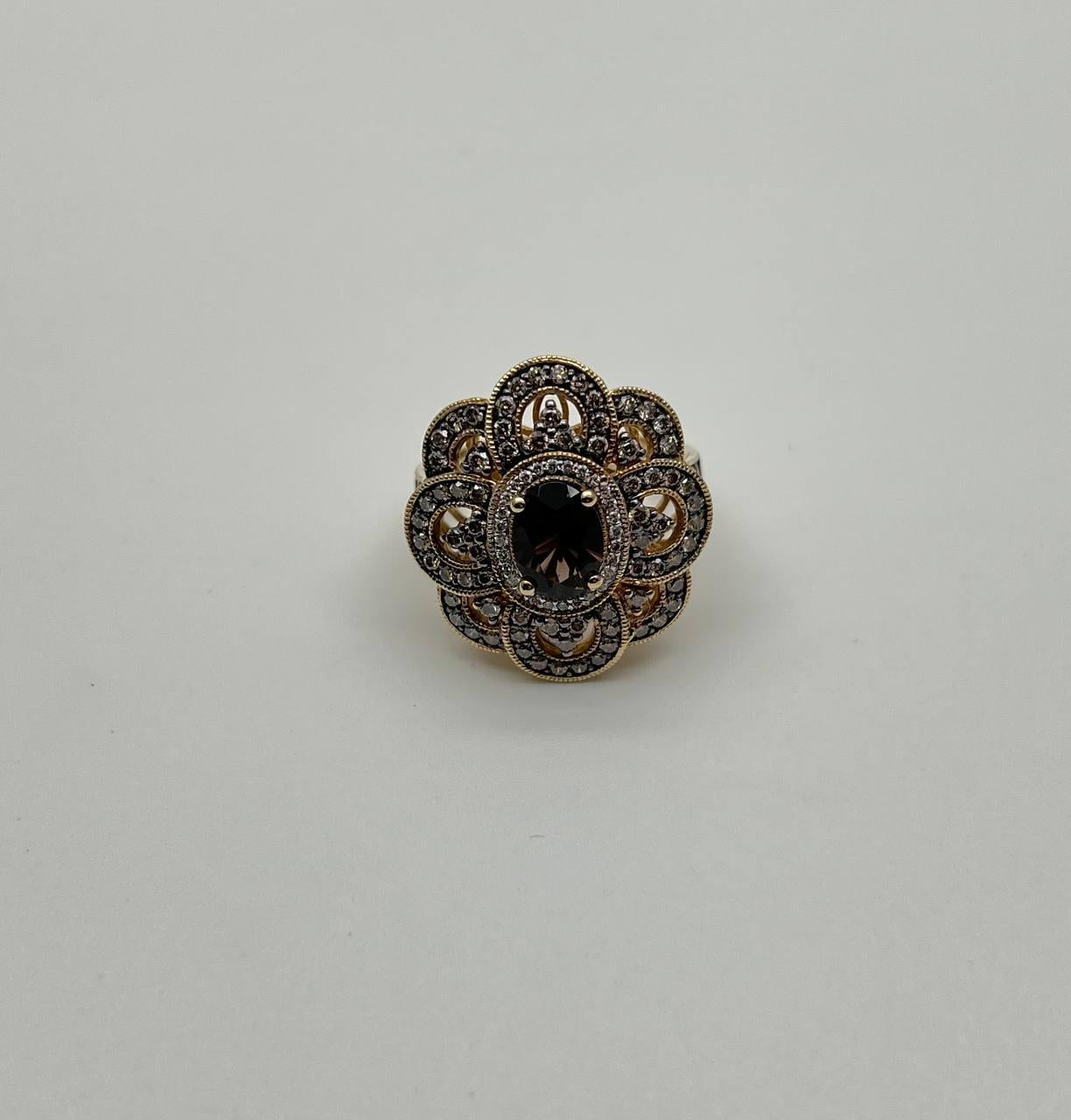 Smoky Brown Quartz Champagne White Diamonds Halo 14K Yellow Gold Statement Ring