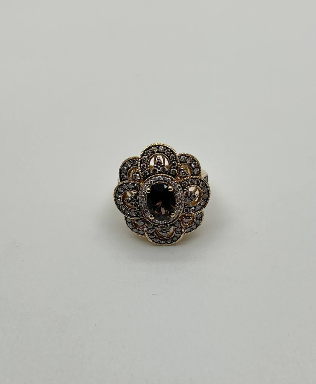 Smoky Brown Quartz Champagne White Diamonds Halo 14K Yellow Gold Statement Ring