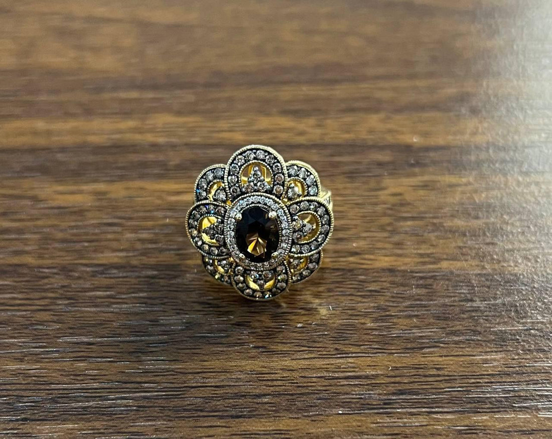 Smoky Brown Quartz Champagne White Diamonds Halo 14K Yellow Gold Statement Ring