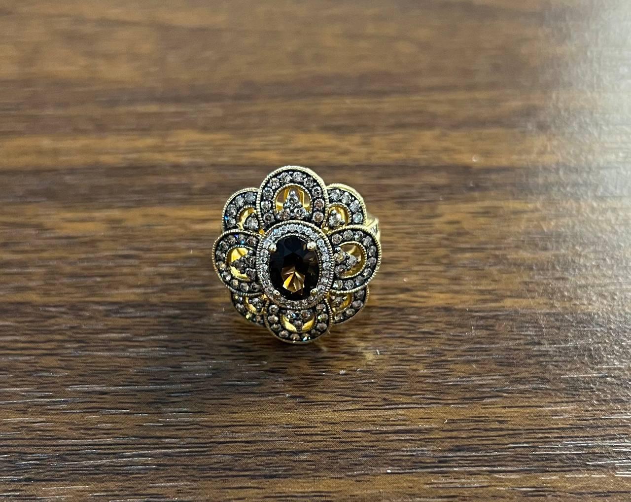 Smoky Brown Quartz Champagne White Diamonds Halo 14K Yellow Gold Statement Ring