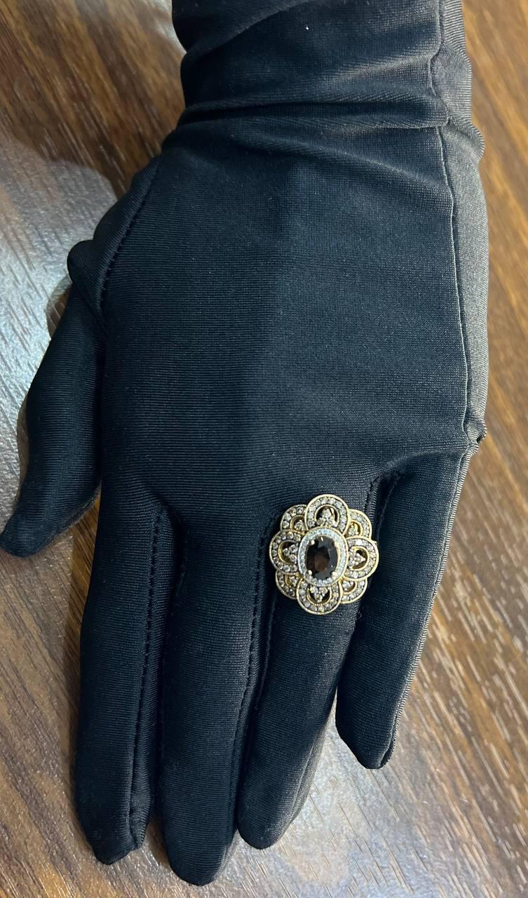 Smoky Brown Quartz Champagne White Diamonds Halo 14K Yellow Gold Statement Ring