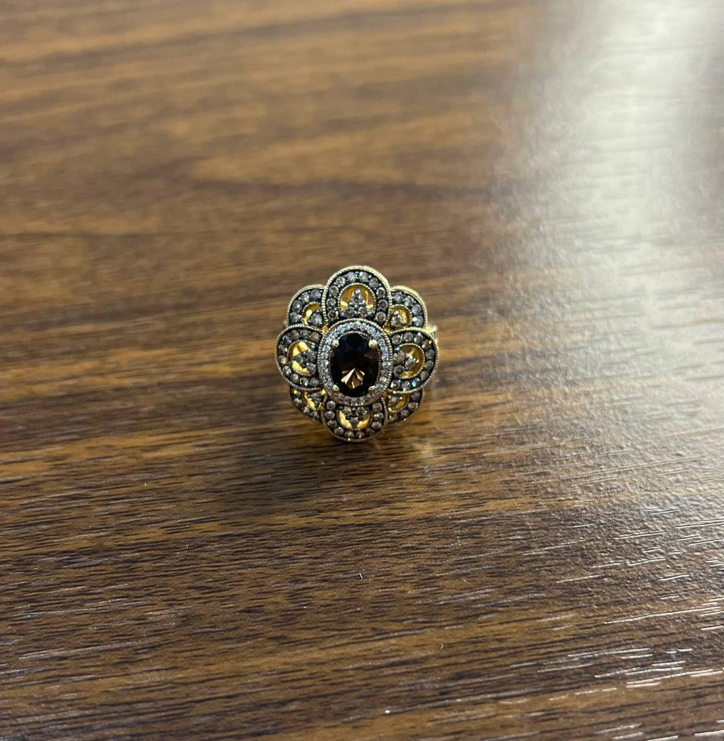 Smoky Brown Quartz Champagne White Diamonds Halo 14K Yellow Gold Statement Ring