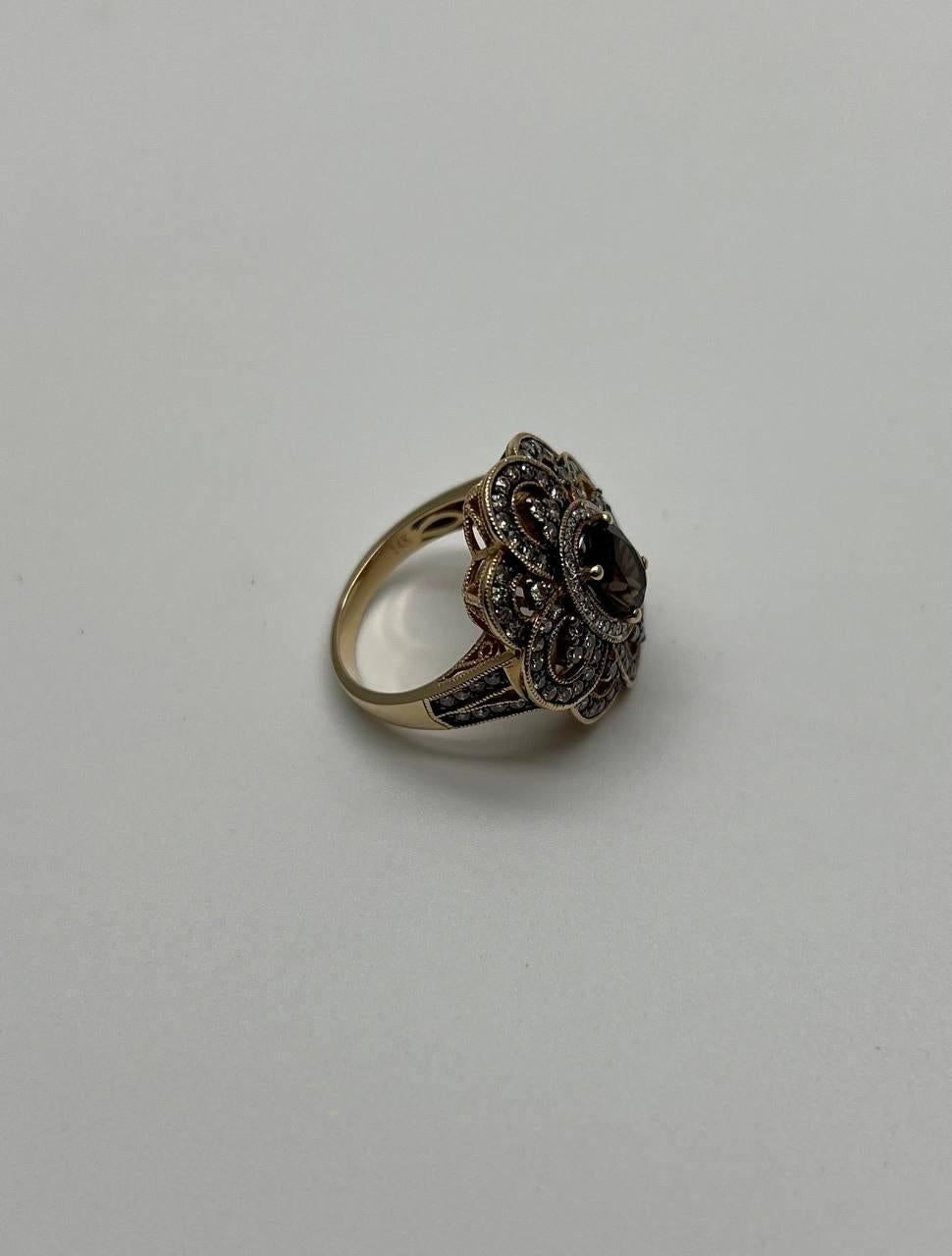 Smoky Brown Quartz Champagne White Diamonds Halo 14K Yellow Gold Statement Ring