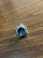 Large Oval London Blue Topaz Diamond Pave Halo 14K White Gold Ring