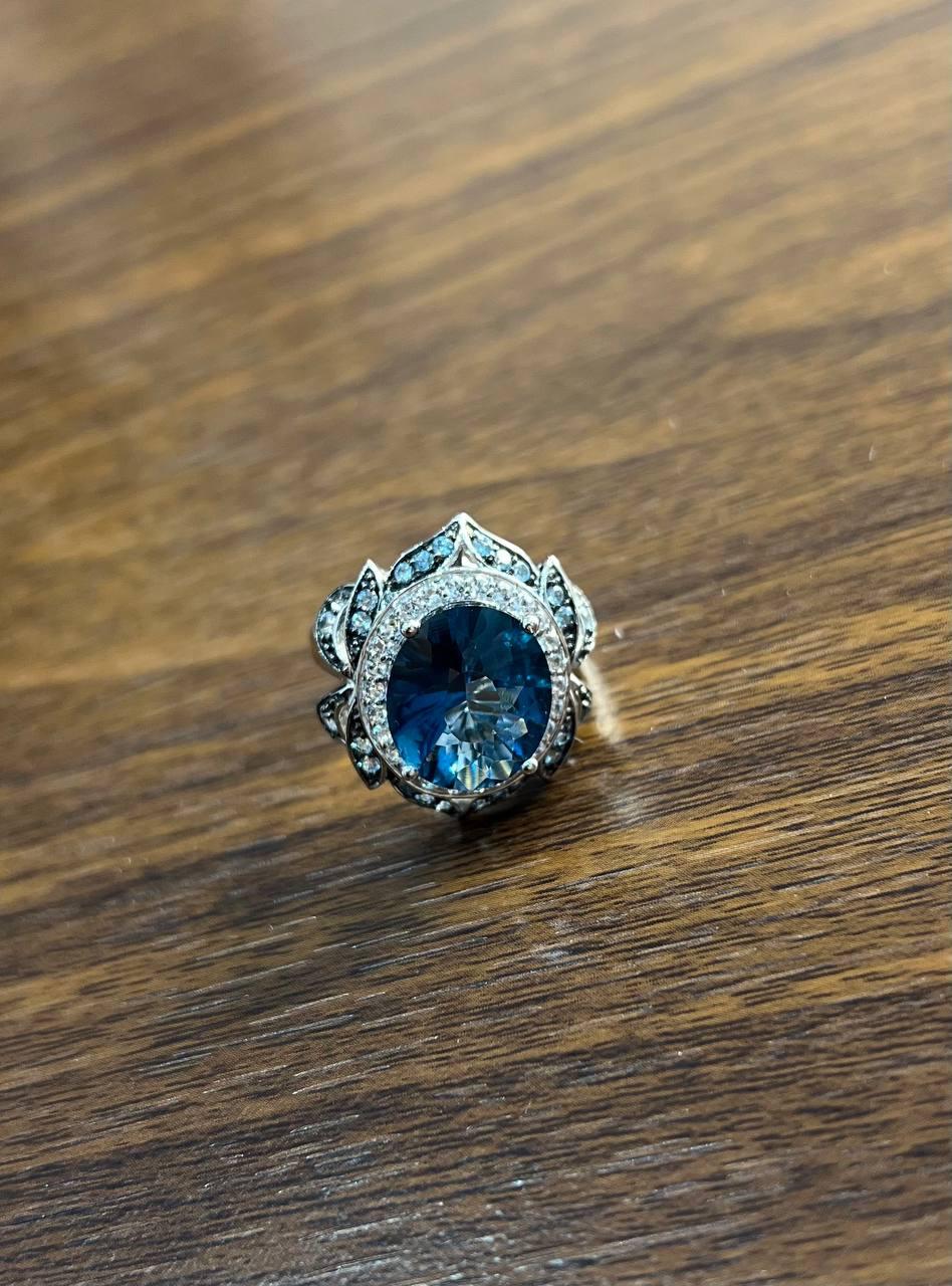 Large Oval London Blue Topaz Diamond Pave Halo 14K White Gold Ring