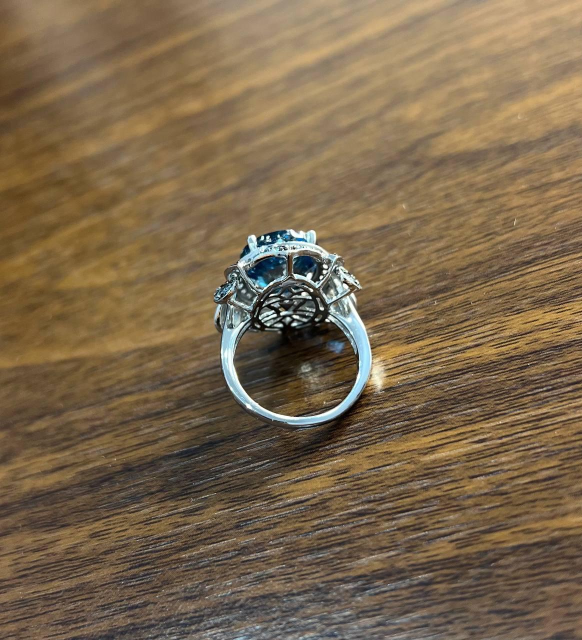 Large Oval London Blue Topaz Diamond Pave Halo 14K White Gold Ring