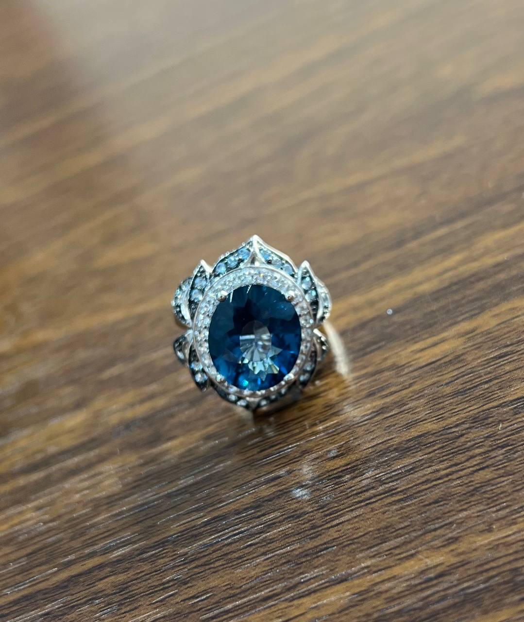 Large Oval London Blue Topaz Diamond Pave Halo 14K White Gold Ring
