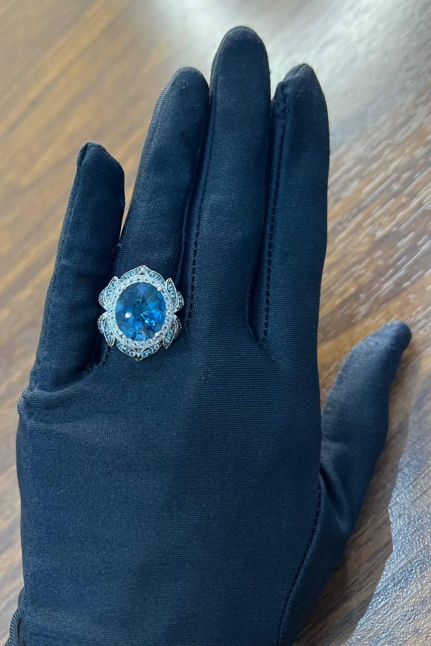 Large Oval London Blue Topaz Diamond Pave Halo 14K White Gold Ring