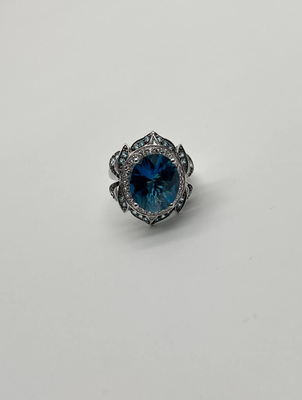 Large Oval London Blue Topaz Diamond Pave Halo 14K White Gold Ring