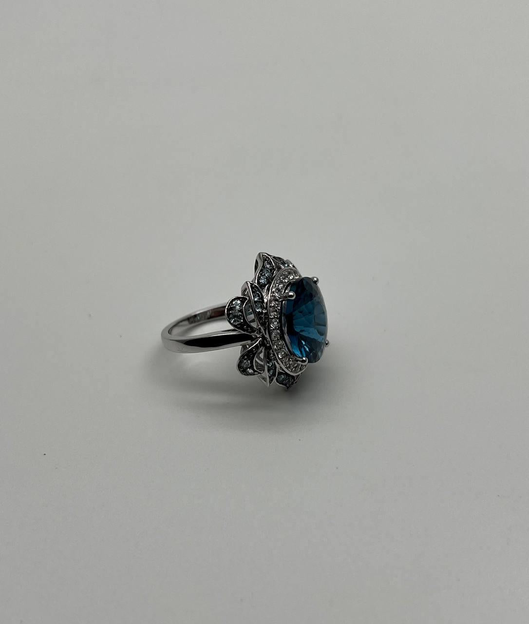 Large Oval London Blue Topaz Diamond Pave Halo 14K White Gold Ring