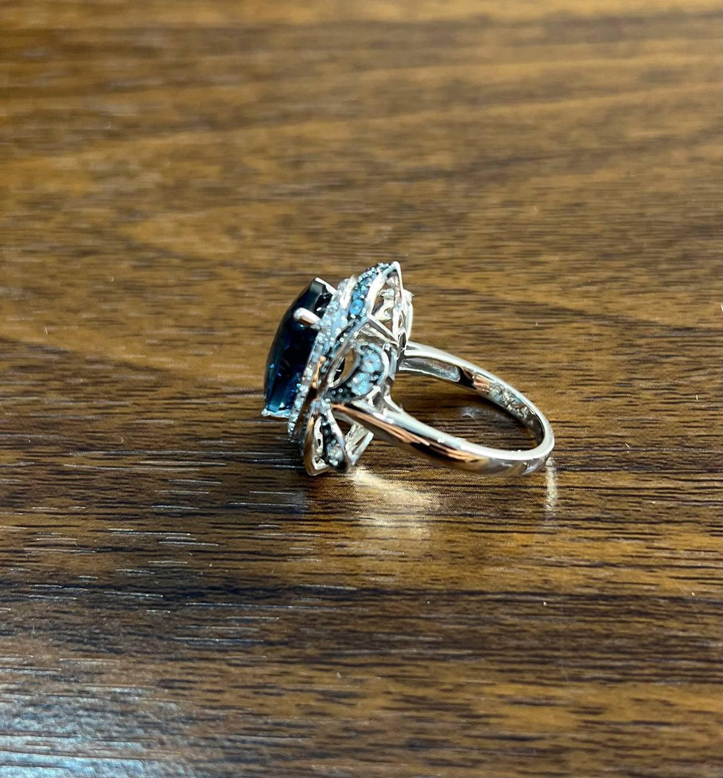 Large Oval London Blue Topaz Diamond Pave Halo 14K White Gold Ring