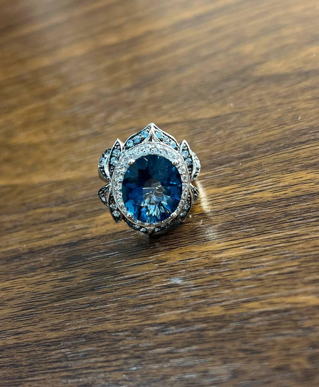 Large Oval London Blue Topaz Diamond Pave Halo 14K White Gold Ring