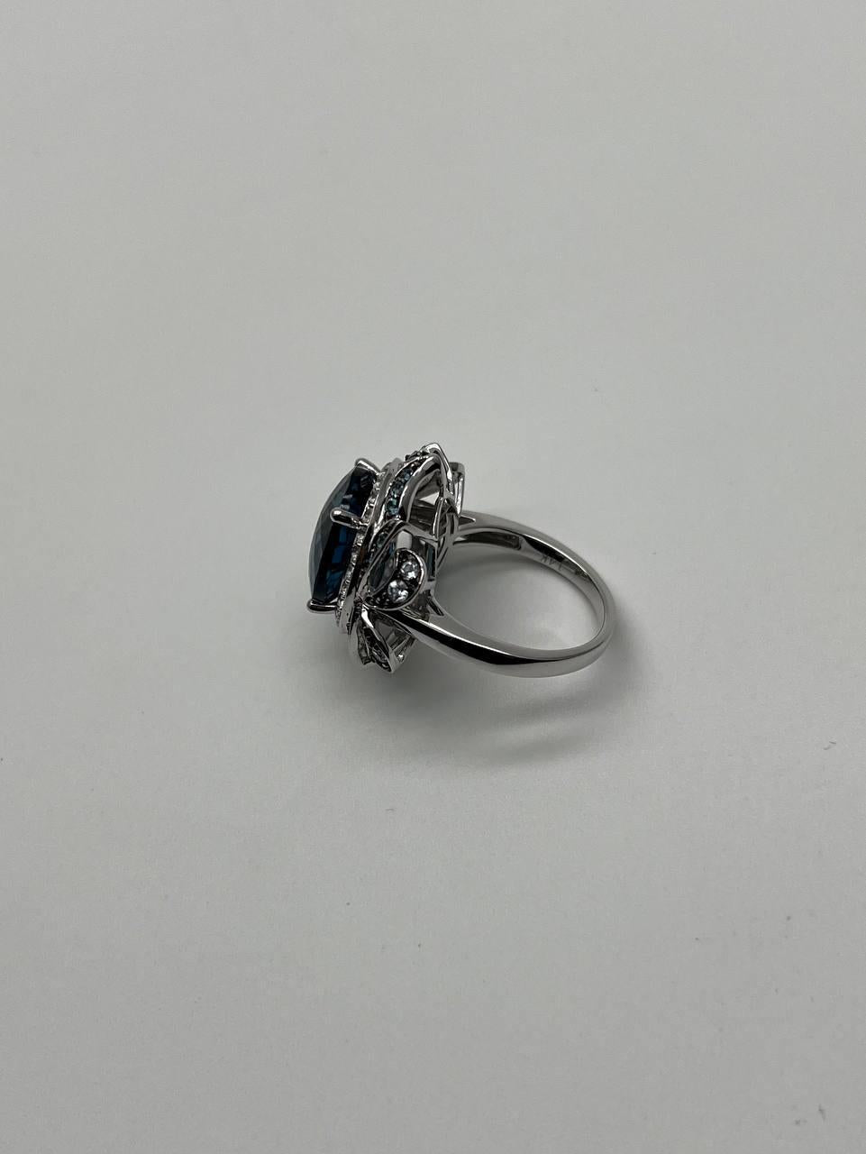 Large Oval London Blue Topaz Diamond Pave Halo 14K White Gold Ring