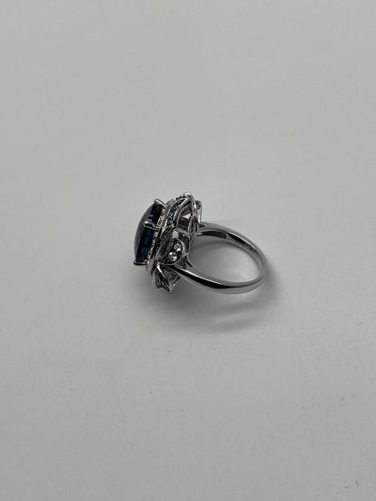 Large Oval London Blue Topaz Diamond Pave Halo 14K White Gold Ring