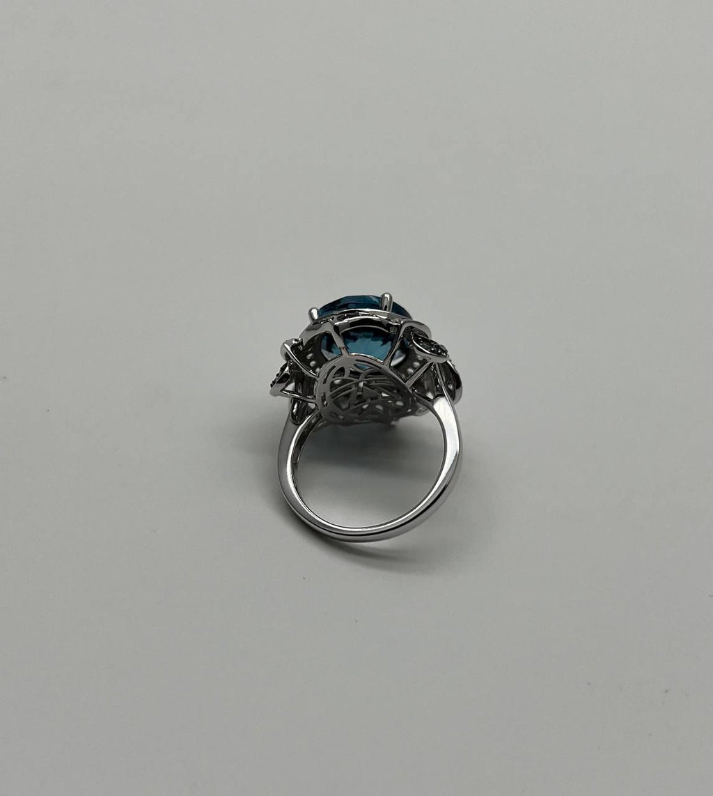 Large Oval London Blue Topaz Diamond Pave Halo 14K White Gold Ring