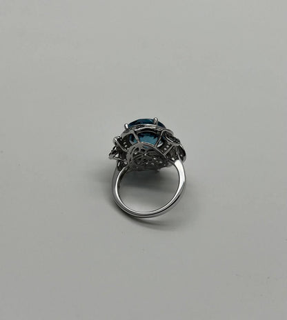Large Oval London Blue Topaz Diamond Pave Halo 14K White Gold Ring