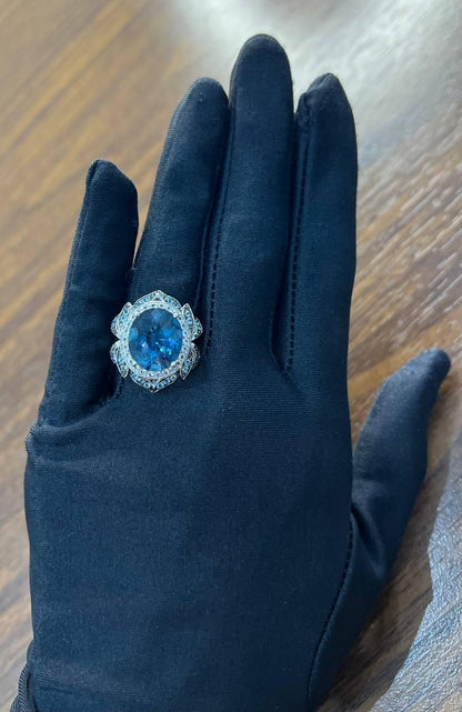 Large Oval London Blue Topaz Diamond Pave Halo 14K White Gold Ring
