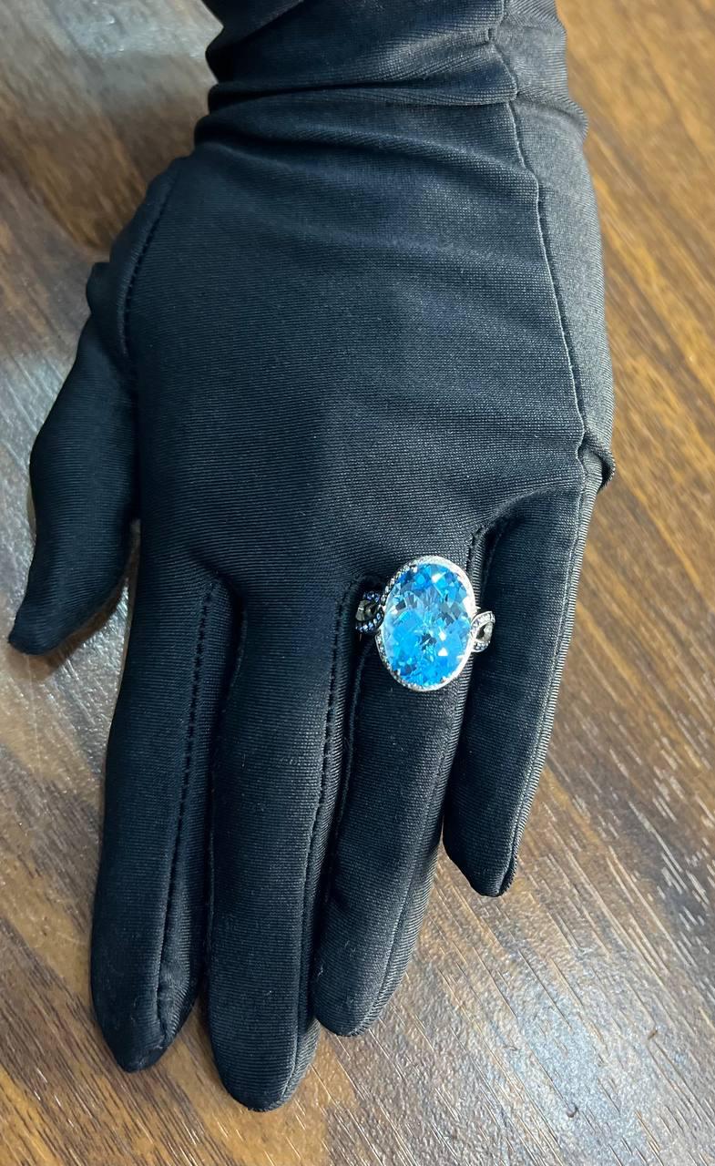 Oval Cut Blue Topaz Intertwining Sapphire Diamond Halo White Gold Statement Ring