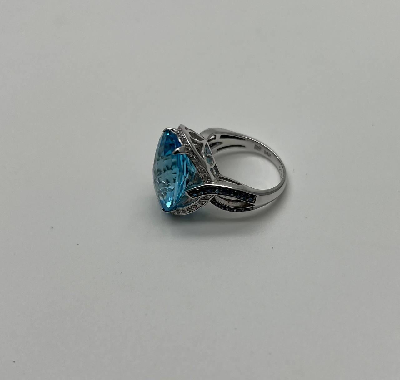 Oval Cut Blue Topaz Intertwining Sapphire Diamond Halo White Gold Statement Ring
