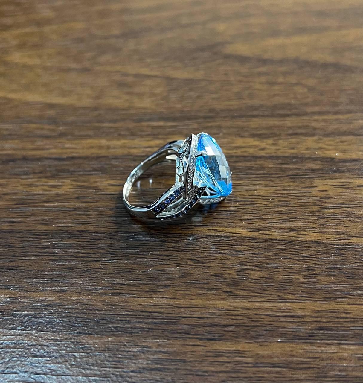 Oval Cut Blue Topaz Intertwining Sapphire Diamond Halo White Gold Statement Ring