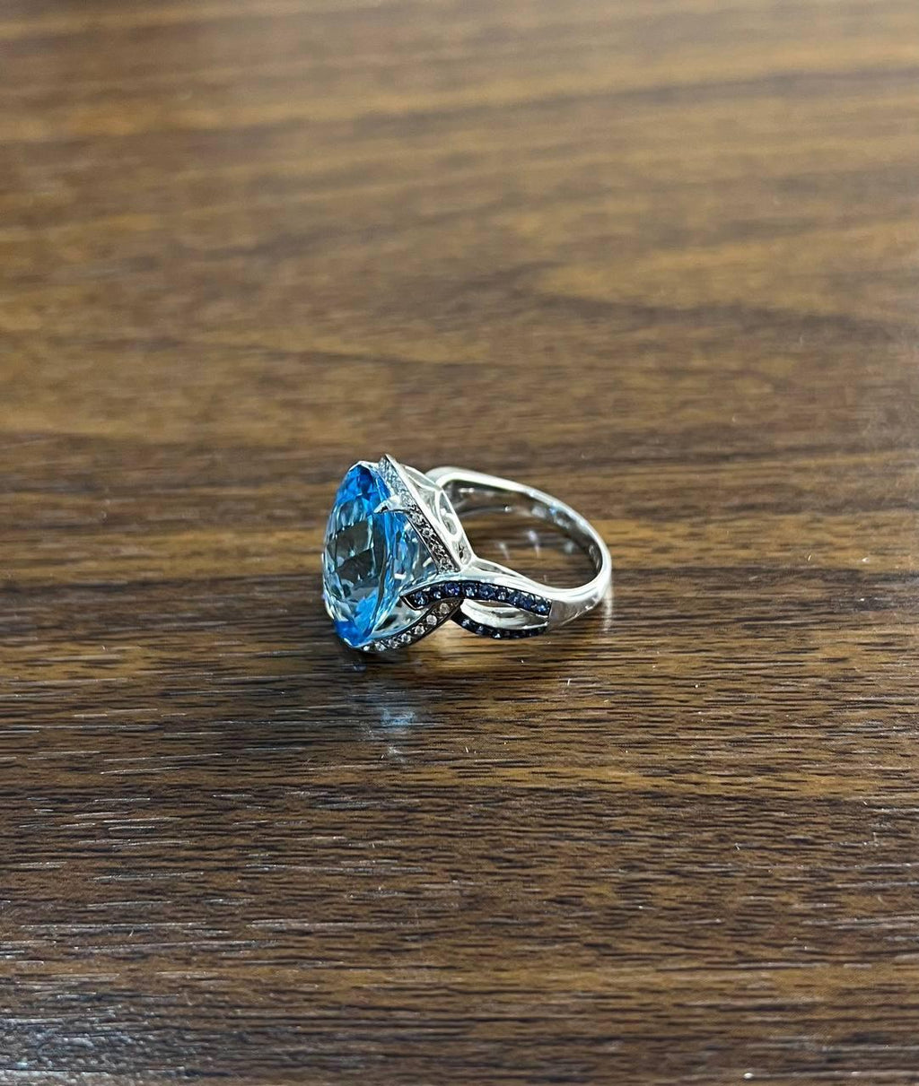 Oval Cut Blue Topaz Intertwining Sapphire Diamond Halo White Gold Statement Ring