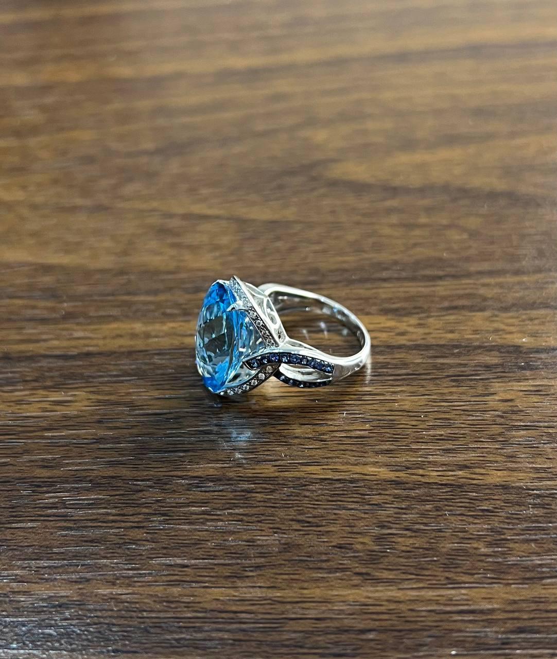 Oval Cut Blue Topaz Intertwining Sapphire Diamond Halo White Gold Statement Ring