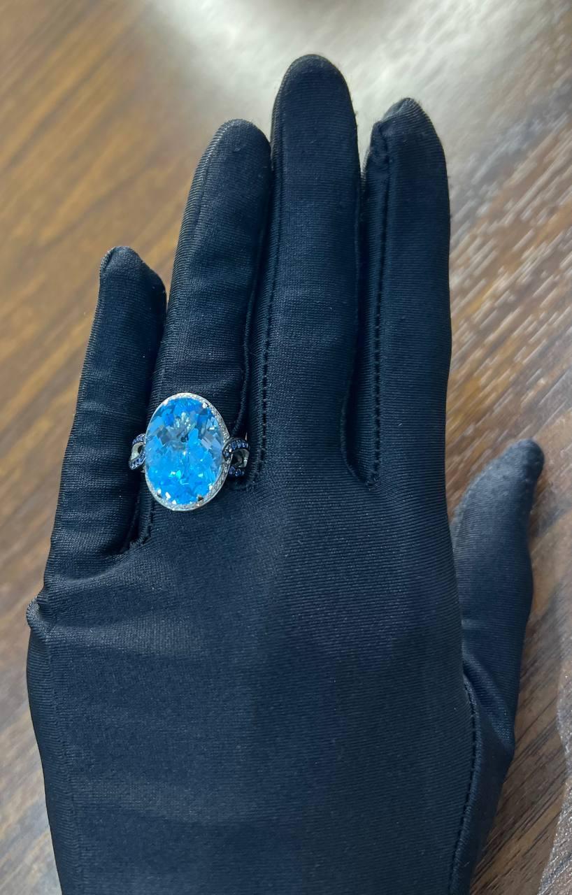 Oval Cut Blue Topaz Intertwining Sapphire Diamond Halo White Gold Statement Ring