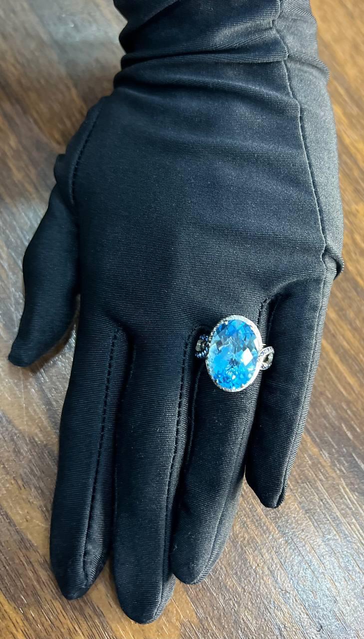 Oval Cut Blue Topaz Intertwining Sapphire Diamond Halo White Gold Statement Ring