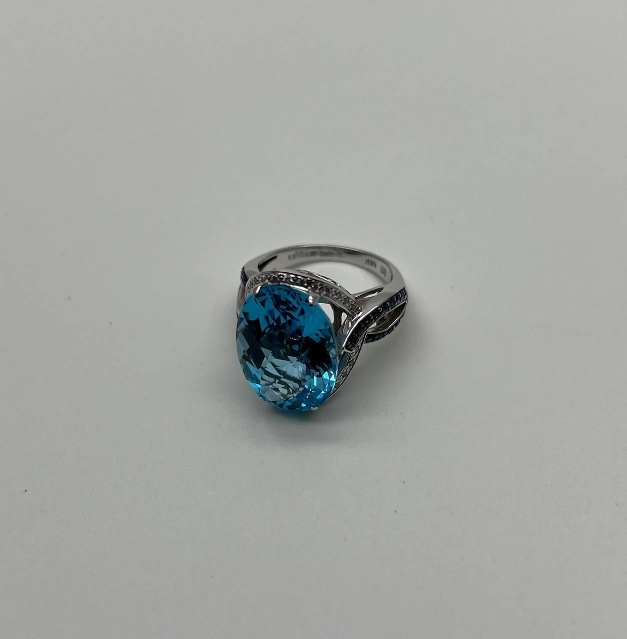 Oval Cut Blue Topaz Intertwining Sapphire Diamond Halo White Gold Statement Ring