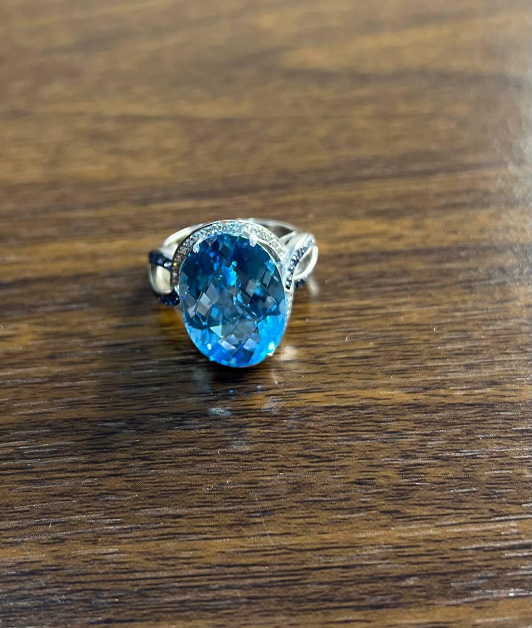 Oval Cut Blue Topaz Intertwining Sapphire Diamond Halo White Gold Statement Ring