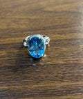 Oval Cut Blue Topaz Intertwining Sapphire Diamond Halo White Gold Statement Ring
