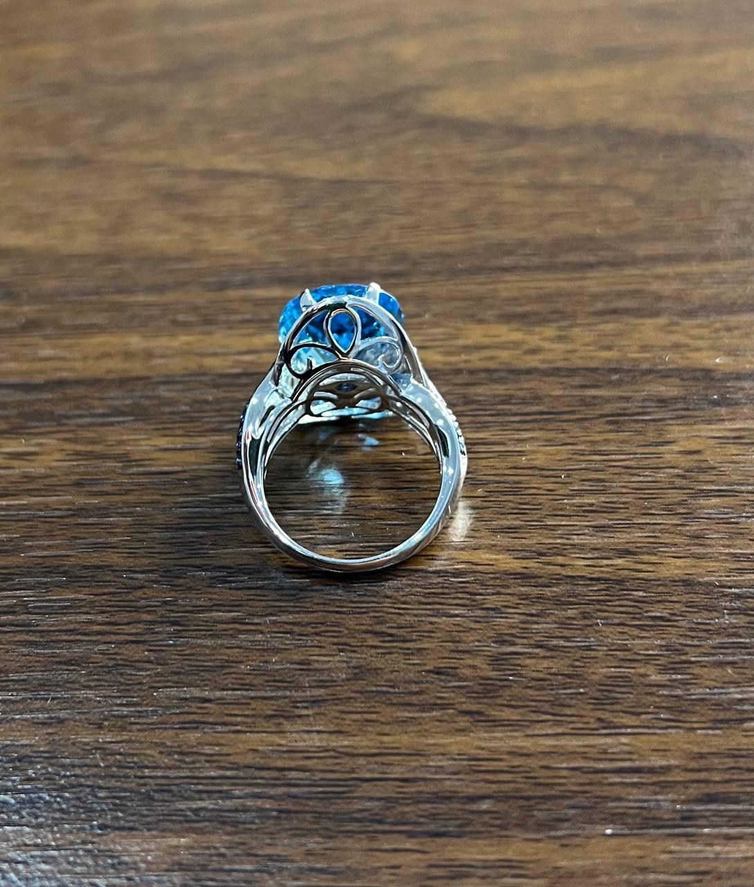 Oval Cut Blue Topaz Intertwining Sapphire Diamond Halo White Gold Statement Ring