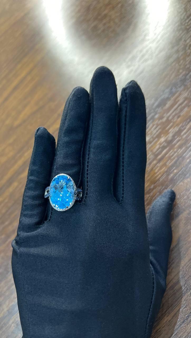 Oval Cut Blue Topaz Intertwining Sapphire Diamond Halo White Gold Statement Ring