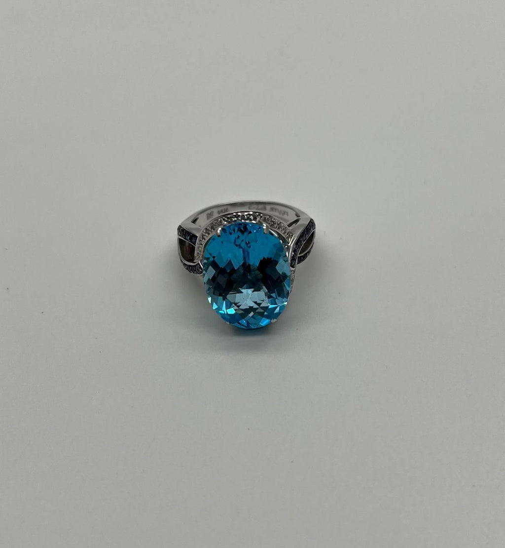 Oval Cut Blue Topaz Intertwining Sapphire Diamond Halo White Gold Statement Ring