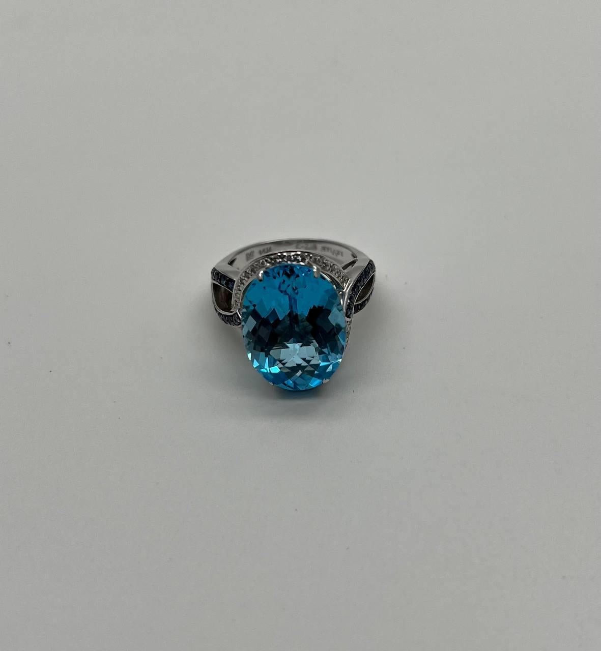 Oval Cut Blue Topaz Intertwining Sapphire Diamond Halo White Gold Statement Ring